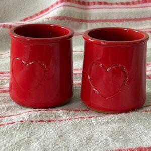 (2) La Fermière Yogurt Pots ~ Valentine Red & Hearts ❤️ -- Cleaned Rims! {lot 1}